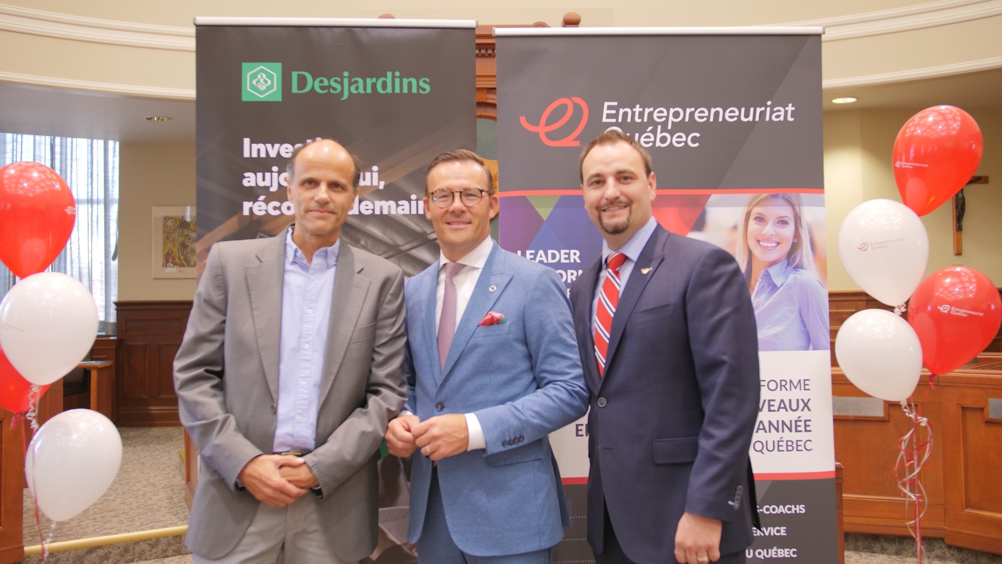 Jean Bibeau (Accélérateur entrepreneurial Desjardins), Guy Cormier (Desjardins) et Michaël Giguère (Entrepreneuriat Québec)